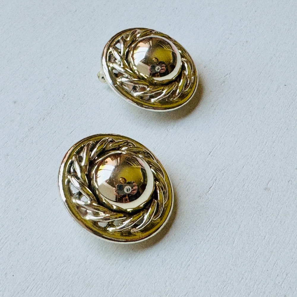 Gold Silvertone Round Button Earrings Vintage Accessories Nautical Chic Jewelry